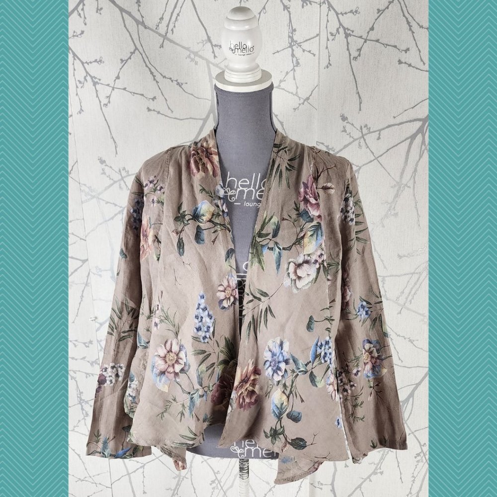 Bellambra Beige Floral Printed 100% Linen Open Front Cardigan